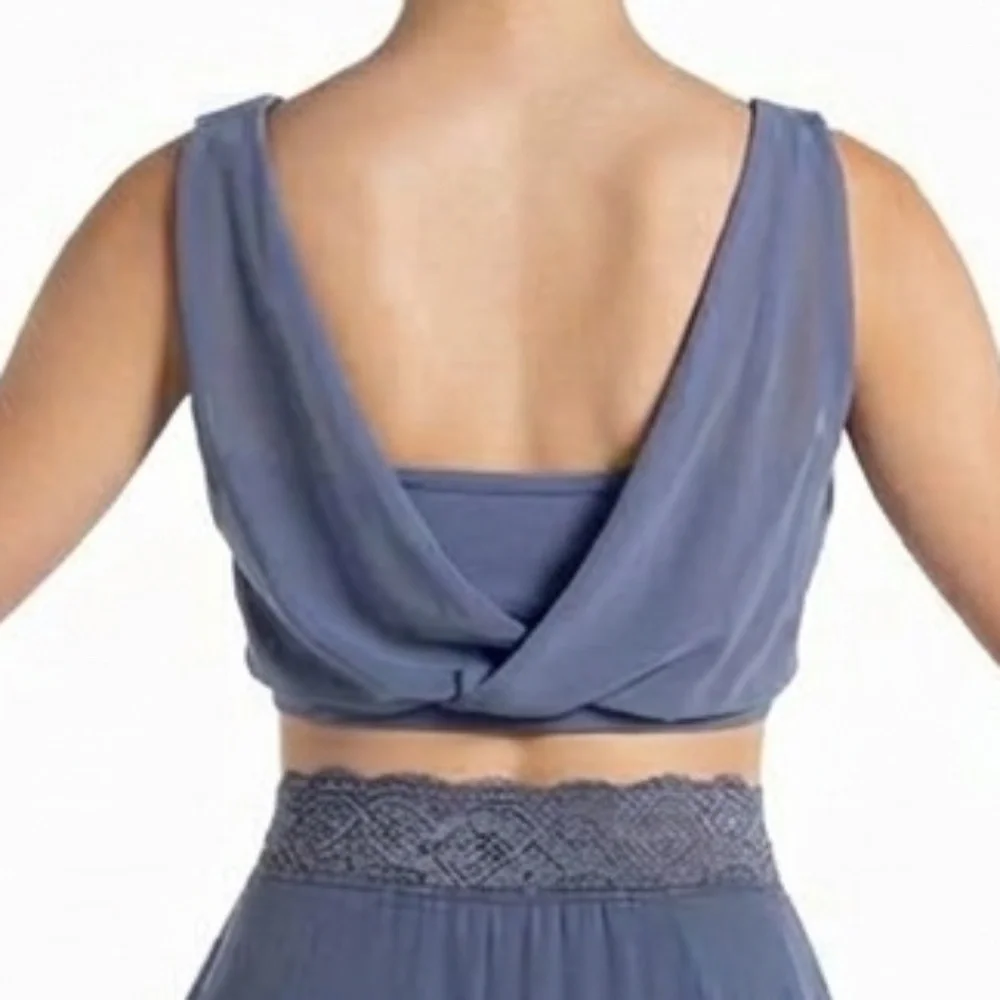 Balera Slate Blue Mesh Cowl Neck Crop Top and Lace Waistband Skirt CS